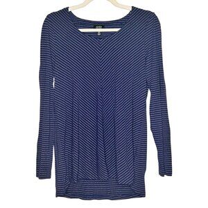 Jones New York Chevron Striped Long Sleeve V-Neck Top Womens S Navy Gold Classic